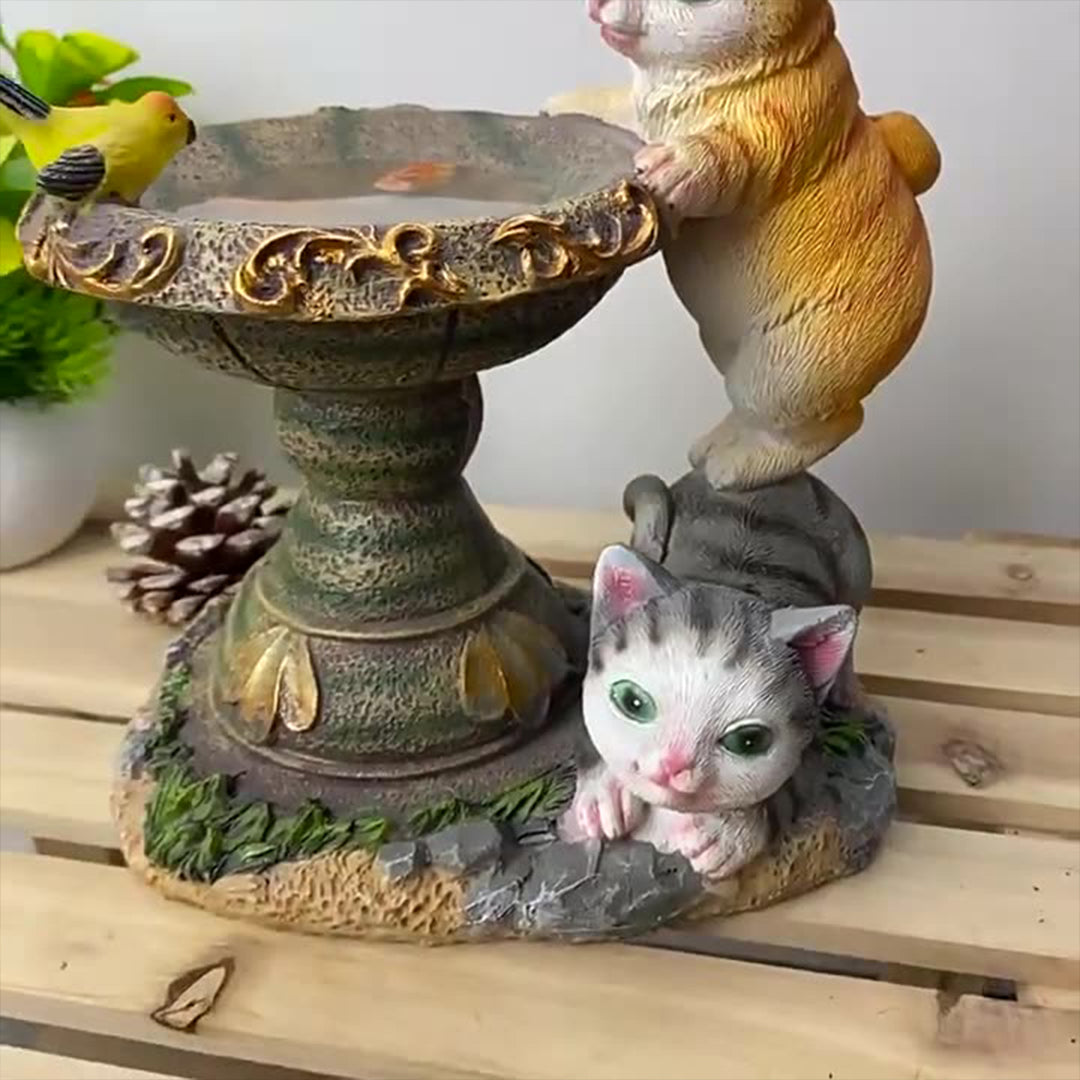 Kitten fountain ornament with orange tabby and gray cats around ornate water basin