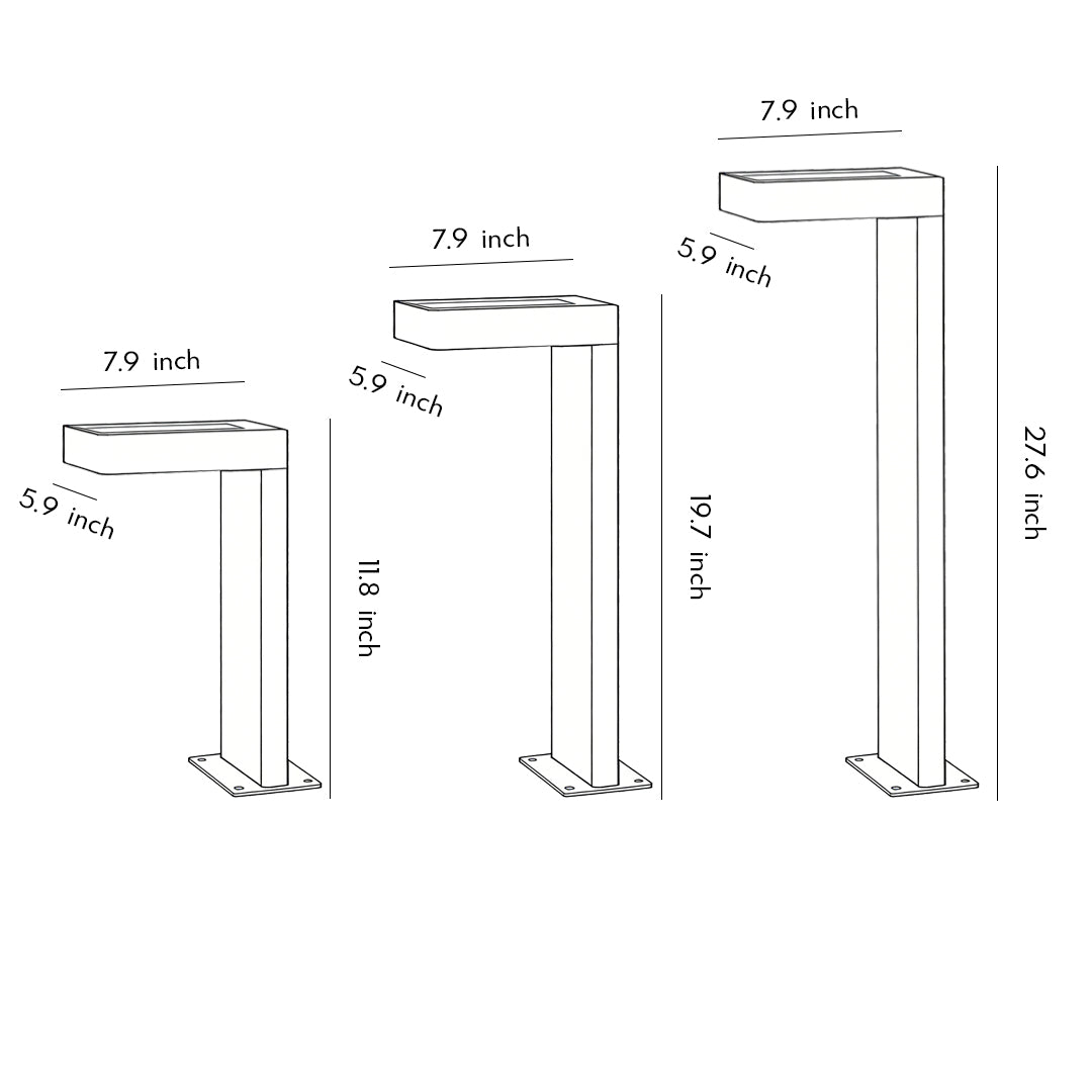 Dimension diagram of L shaped landscape lights showing various sizes for installation reference.