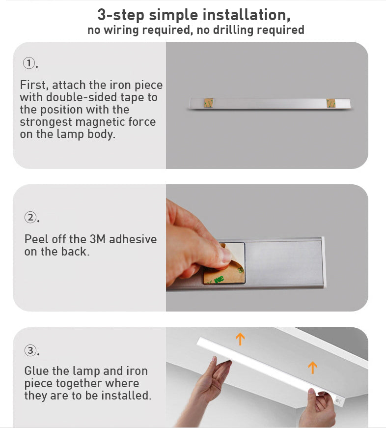 Step-by-step guide for the no-drill 3-step simple installation of the wireless under cabinet lighting fixture.