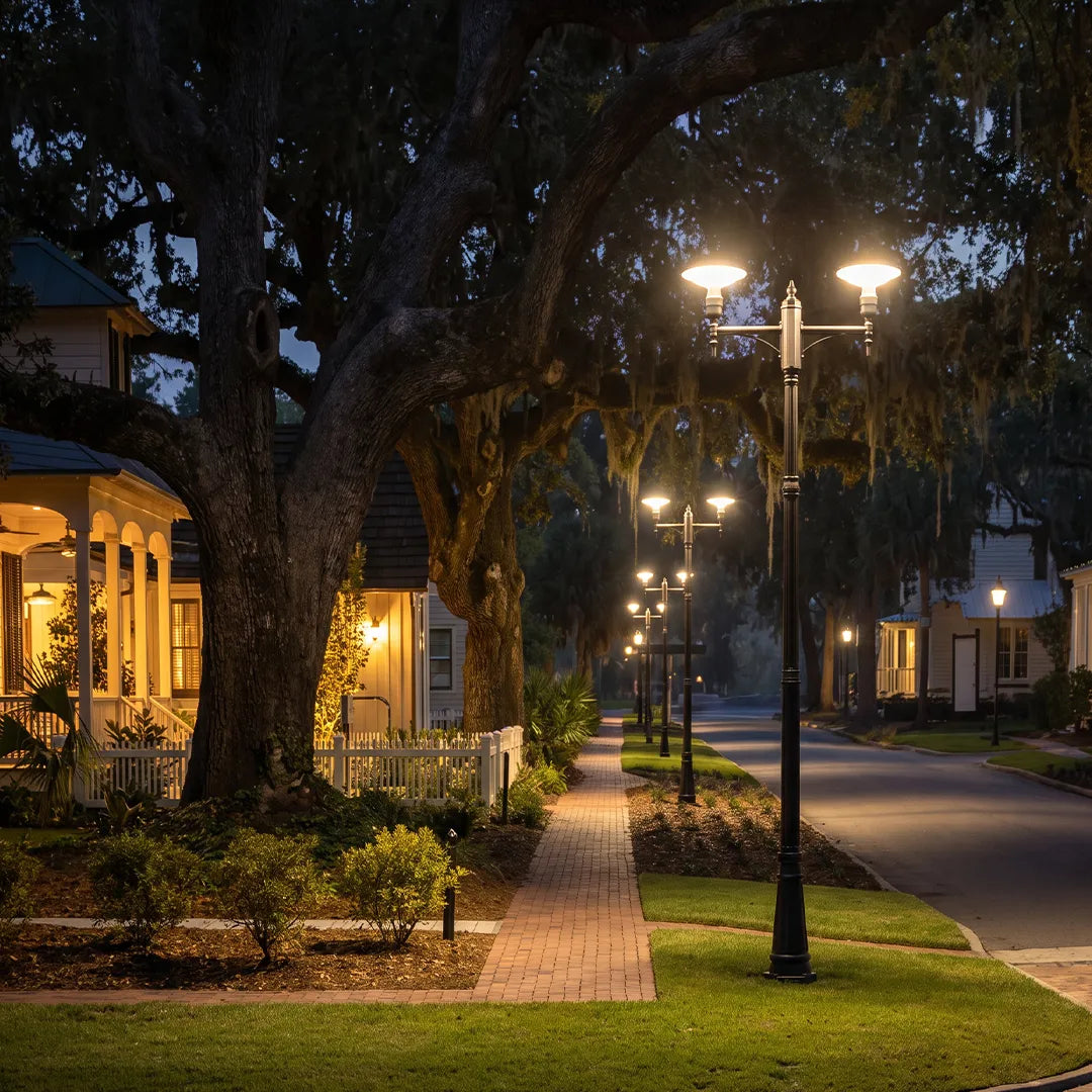 Lamp post lighting illuminating a quiet residential street and sidewalk at night.