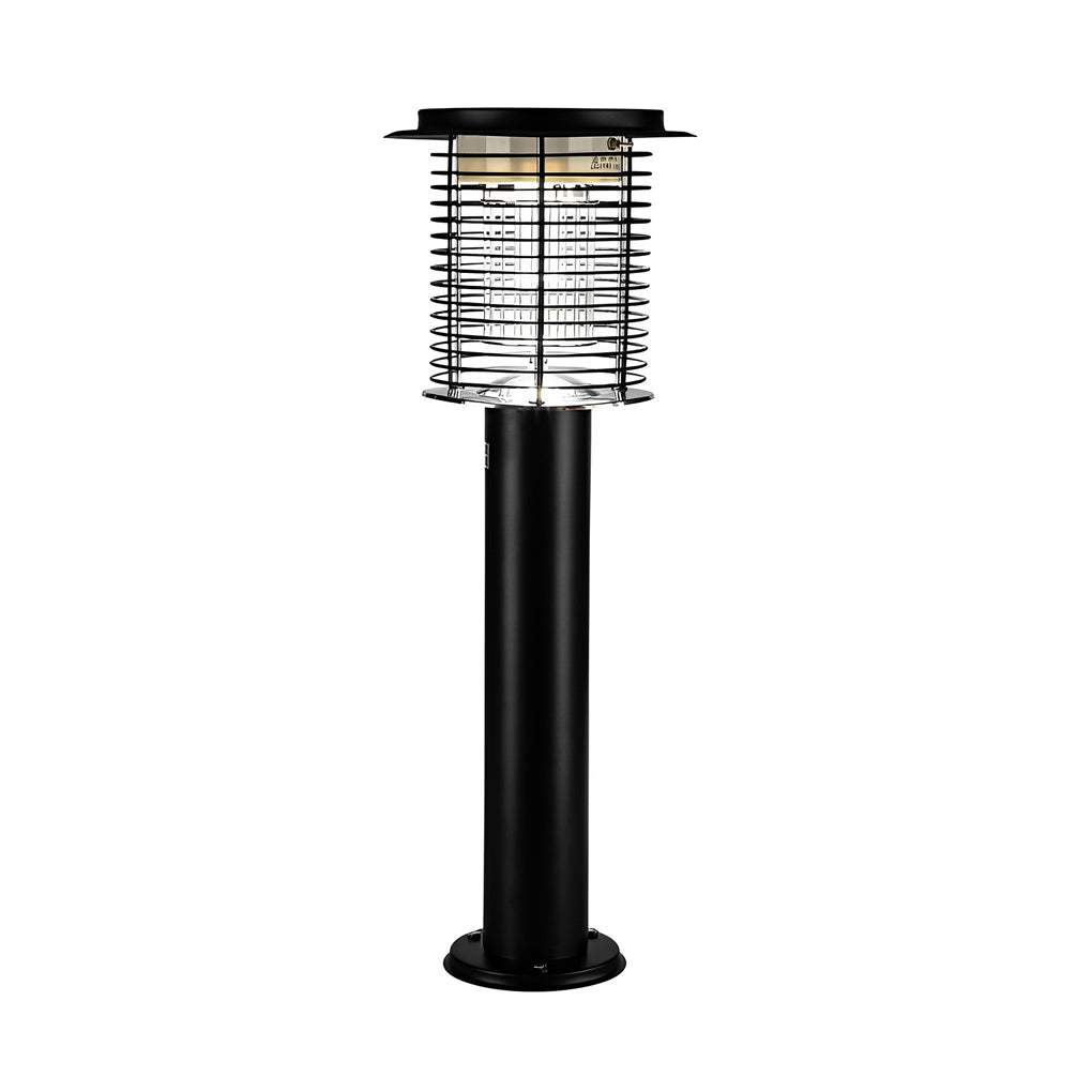 Lampara mata mosquitos with a black finish, providing UV light in a backyard.