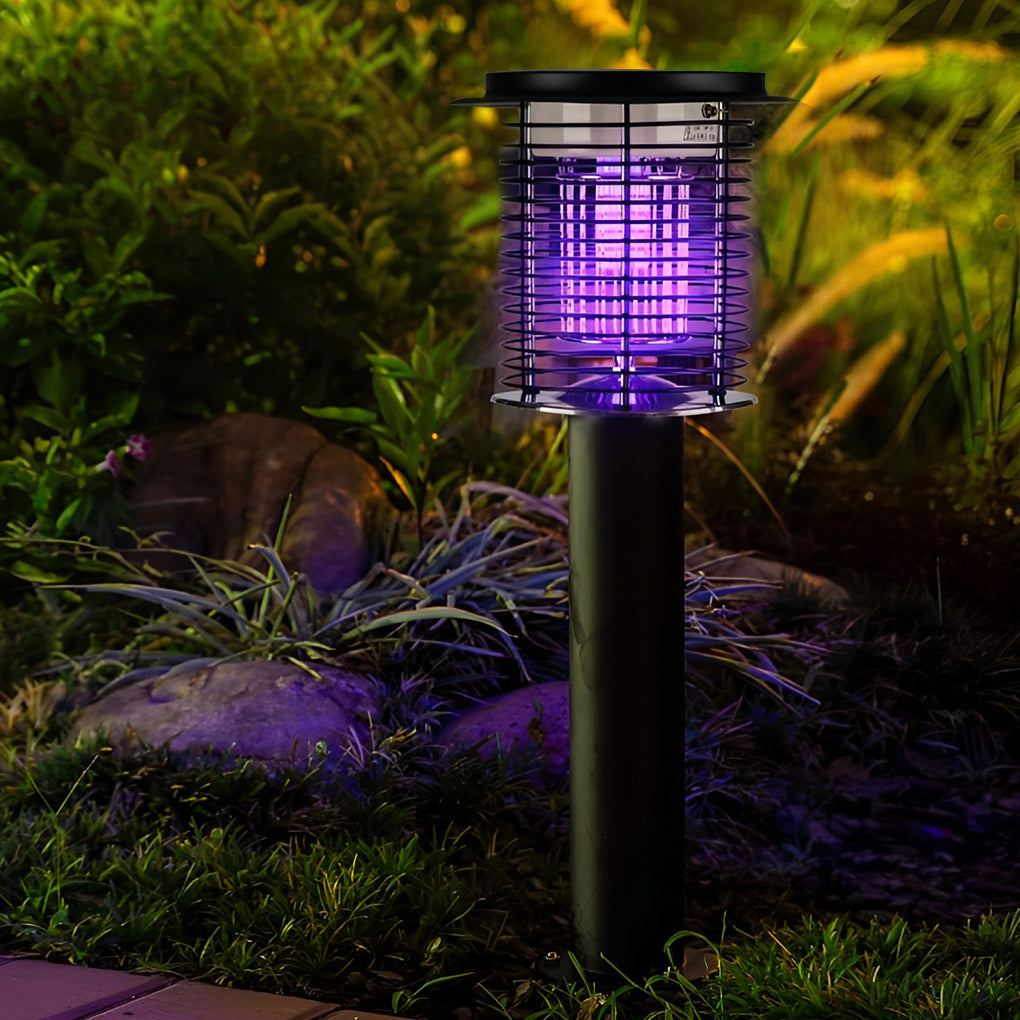 Lampara mata mosquitos with a close-up of its purple UV light and protective grid.