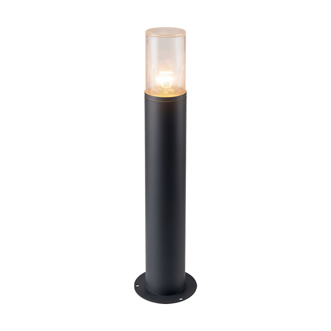 Single black landscape bollard light fixtures with warm vertical illumination and a sleek minimal body.