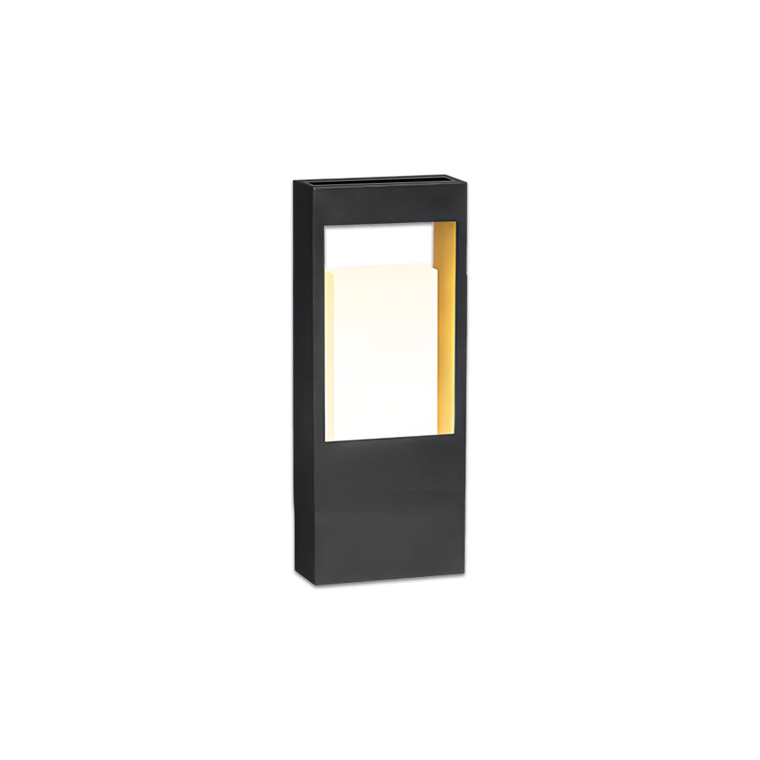 Compact modern landscape bollard lighting with a framed LED window and matte black finish.