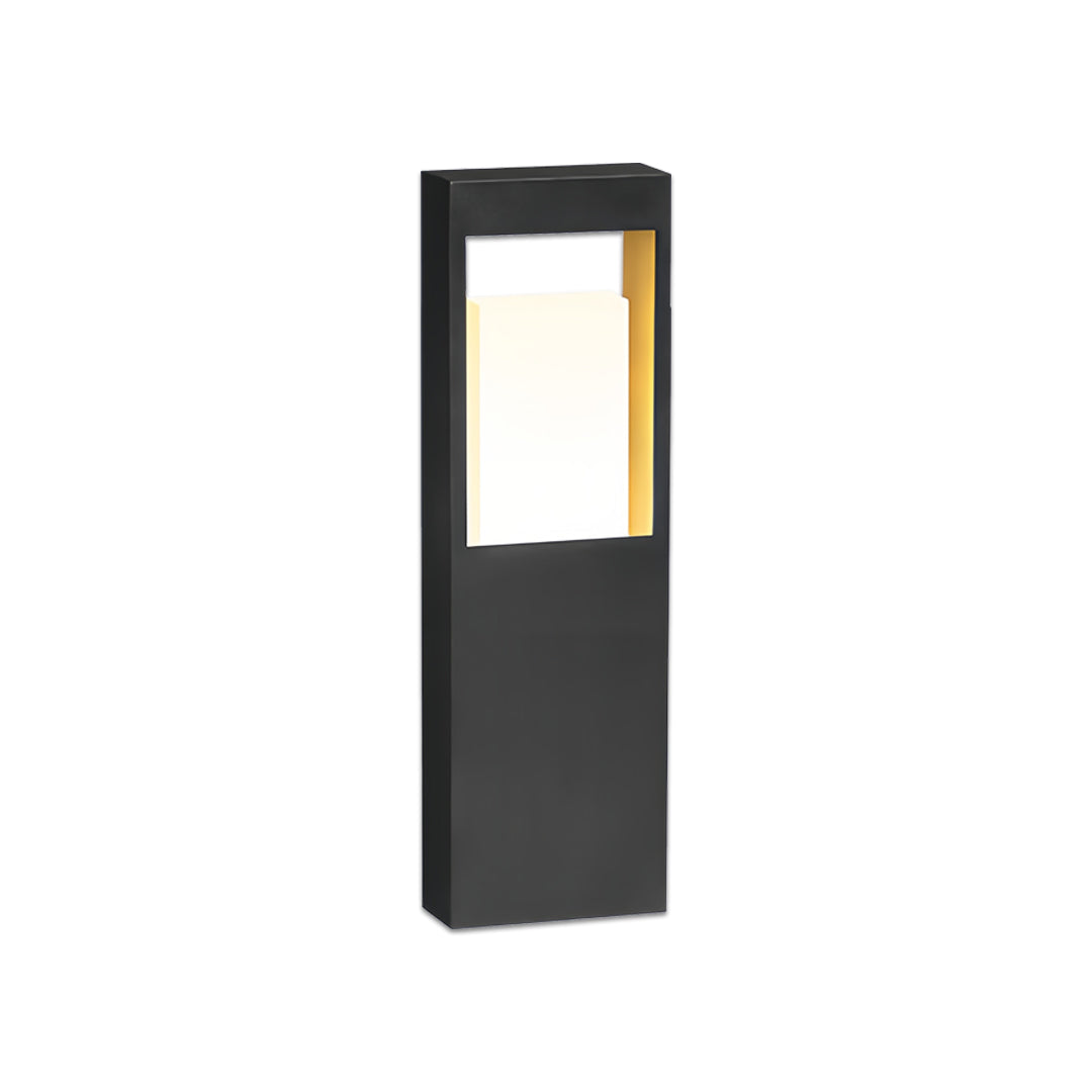 Minimalist black landscape bollard lighting with a narrow vertical light window and clean geometric shape.