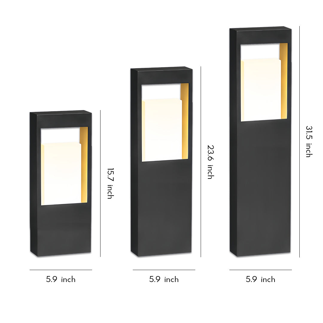 Slim rectangular landscape bollard lighting with a modern black frame and warm LED panel.
