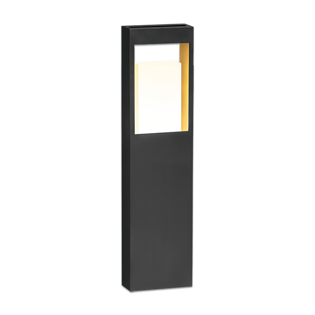 Sleek minimal landscape bollard lighting with rectangular geometry and warm LED light at the top section.