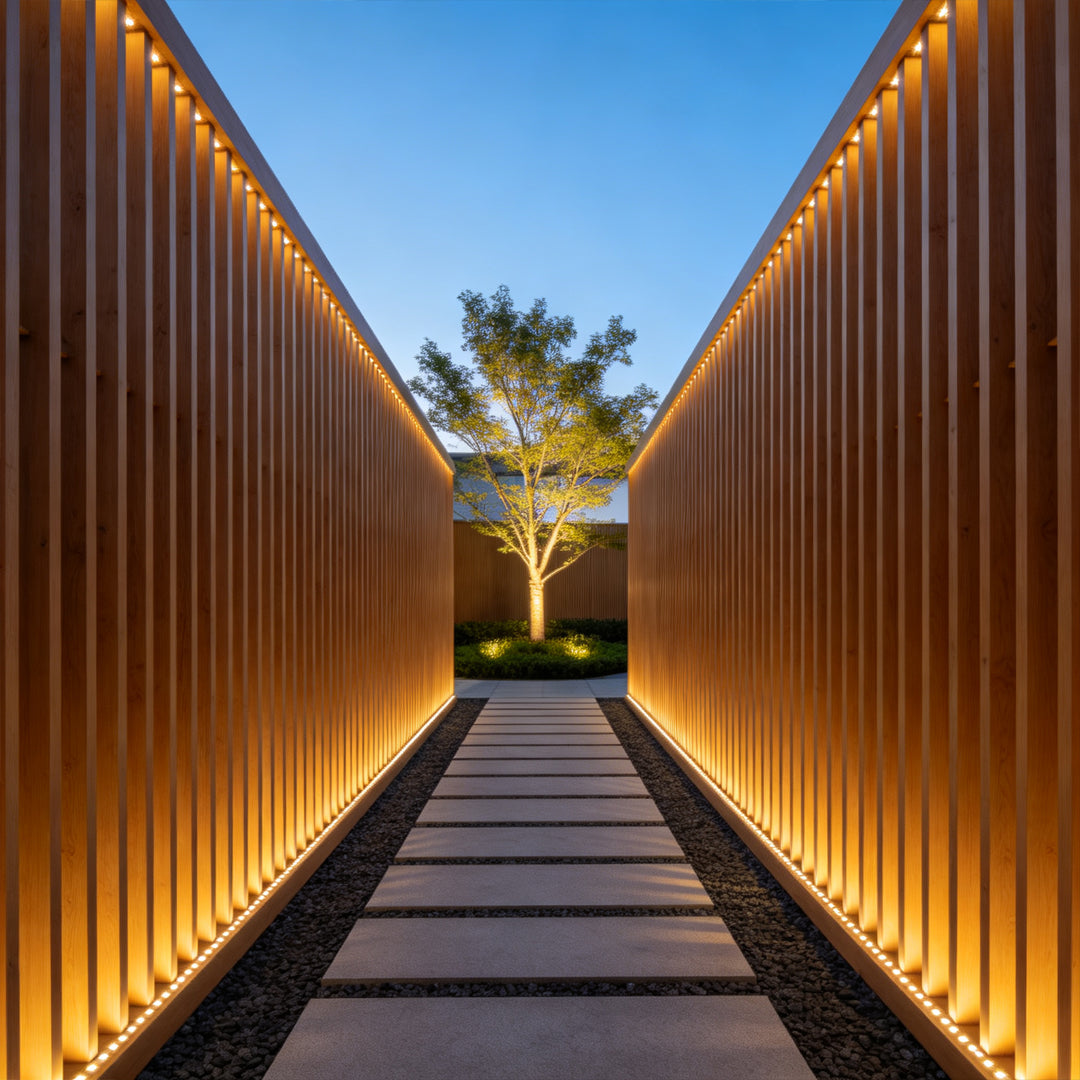 Landscape flood light illuminating modern building facade with warm architectural LED lighting effect.