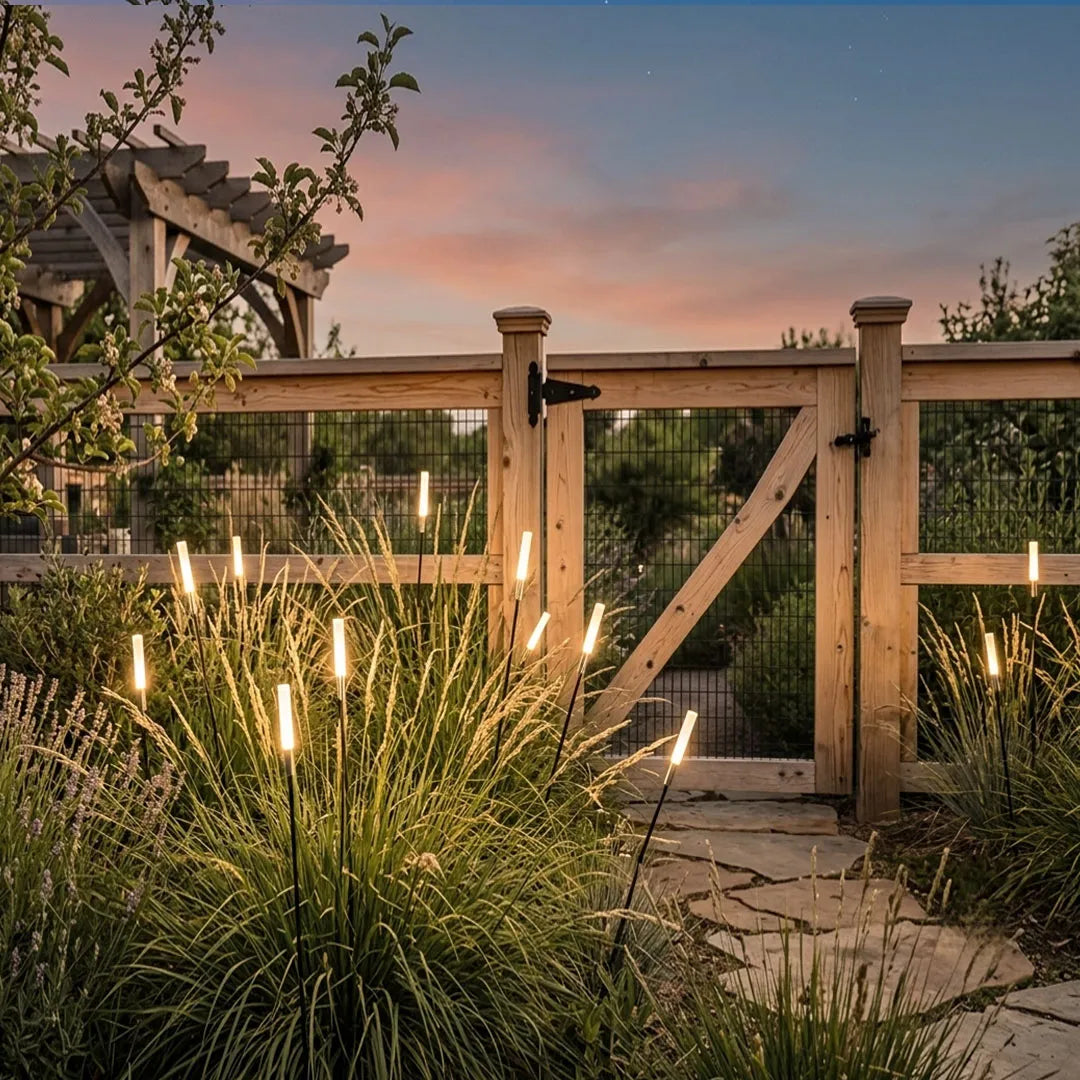 Landscape light spikes illuminating ornamental grasses beside a rustic garden gate at dusk.