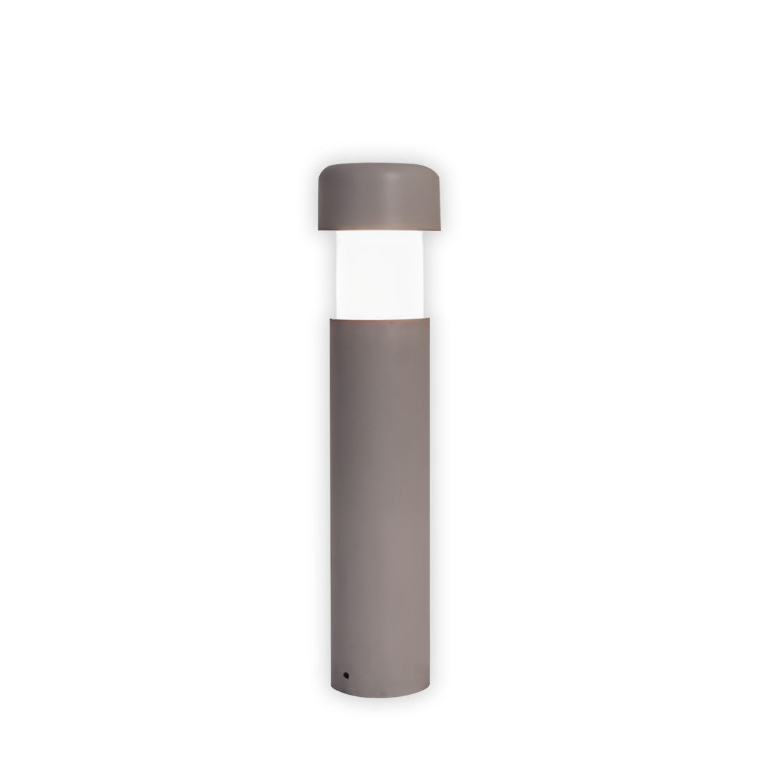 Tall round landscape lighting bollards in a warm bronze tone with a frosted top diffuser shown on a white backdrop.