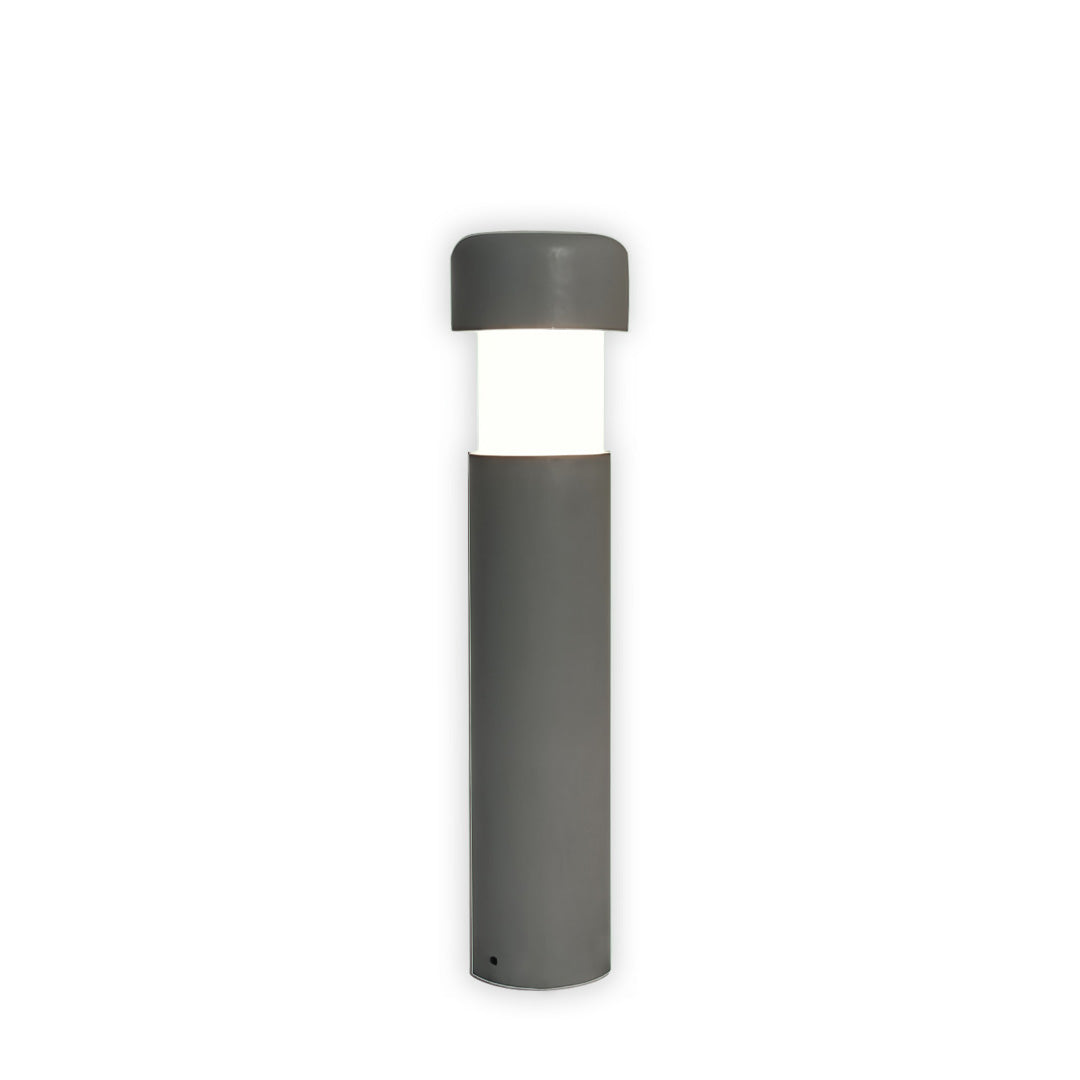 Compact dark grey landscape lighting bollards featuring a simple cylindrical design and white diffuser on a neutral background.