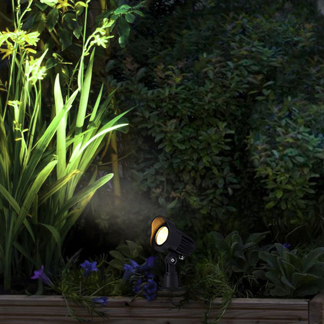 Outdoor landscape lighting illuminating plants and greenery in garden setting at night