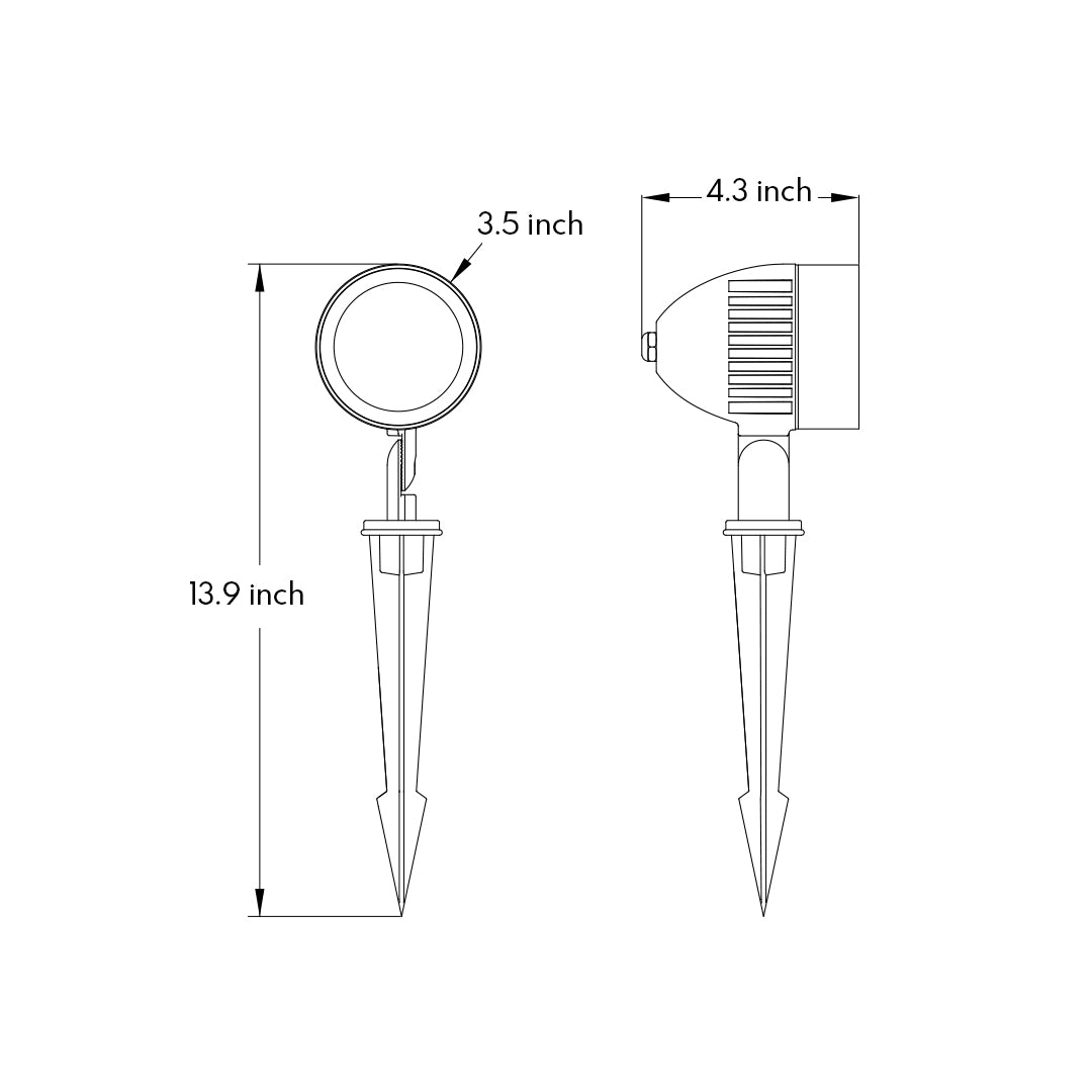 Technical specifications diagram showing installation dimensions for landscape lighting