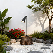 Landscape path light along a modern building's pathway, offering a stylish and functional lighting solution.