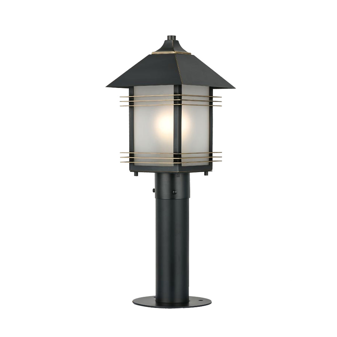Traditional landscape path lighting fixtures in black metal with glass panels, designed for outdoor walkways and garden paths.