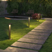 Landscape pathway light placed near a garden bed, enhancing the outdoor ambiance with subtle lighting.