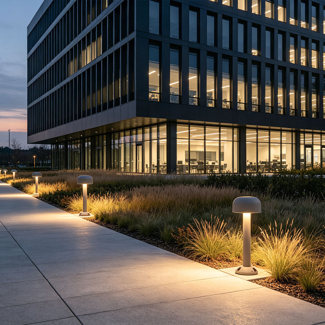 Landscape pathway lights illuminating a residential garden walkway with warm LED outdoor lighting.