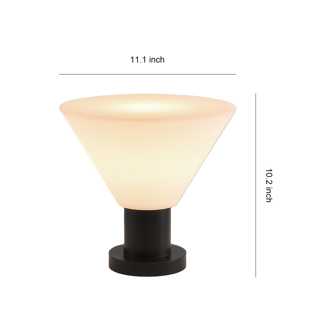 Landscape pillar lighting with glass shade chandelier inspired design in conical form with frosted glass shade and black base.