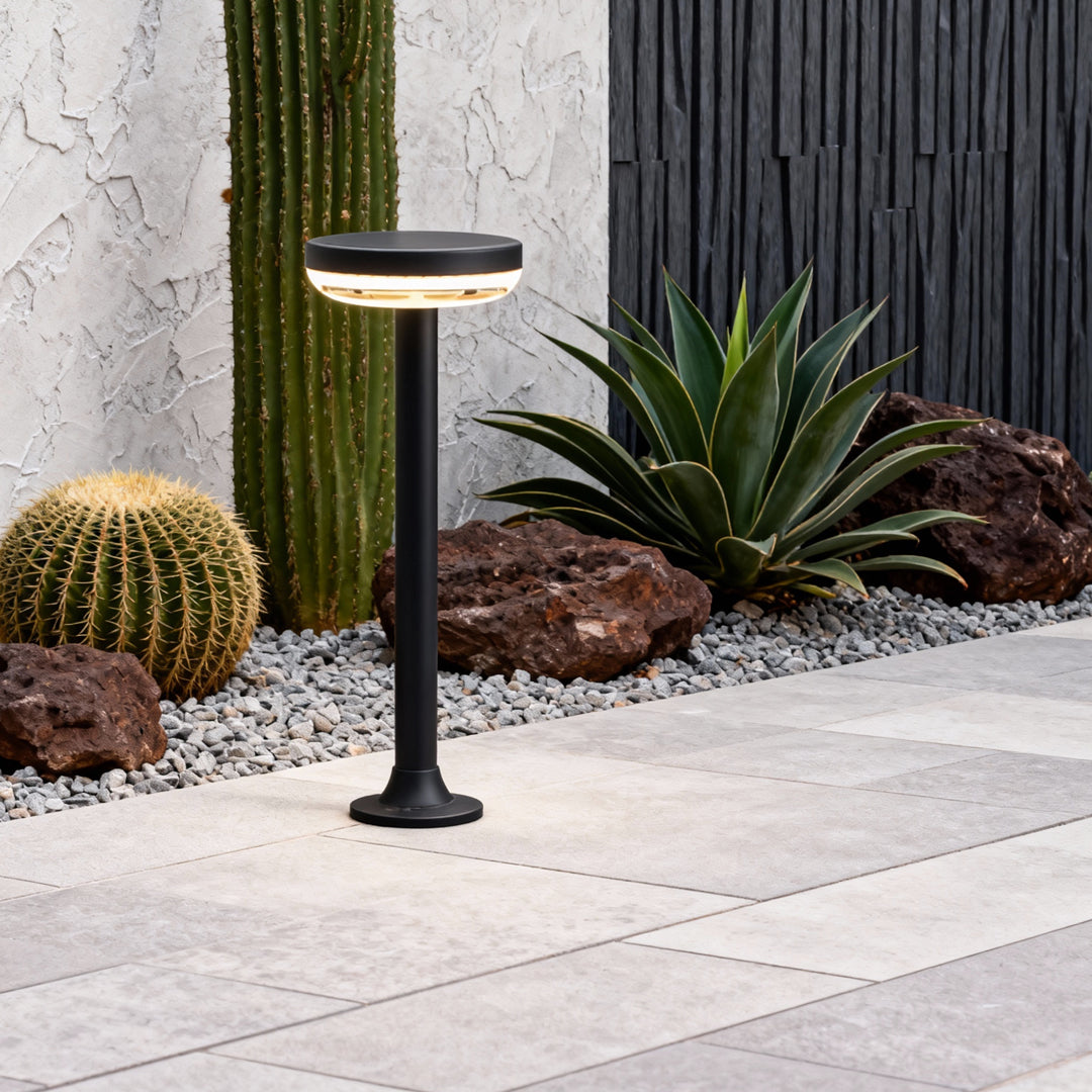 Path light solar illuminating landscaped walkway with modern and clean design.