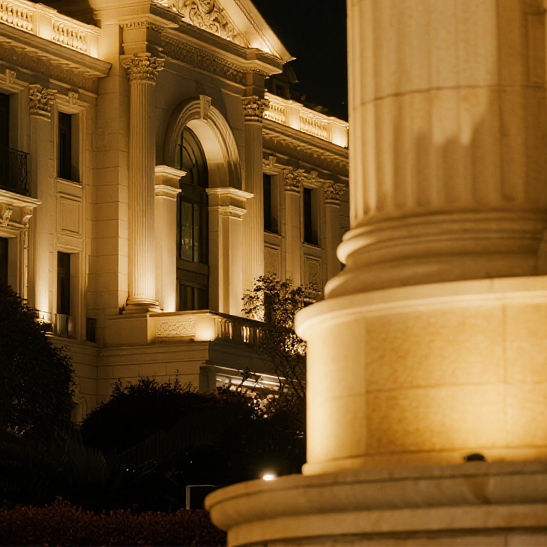 Landscape waterproof LED spotlight highlighting garden trees with focused beam projection