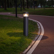 Contemporary bollard lights providing accent lighting in landscaped garden setting