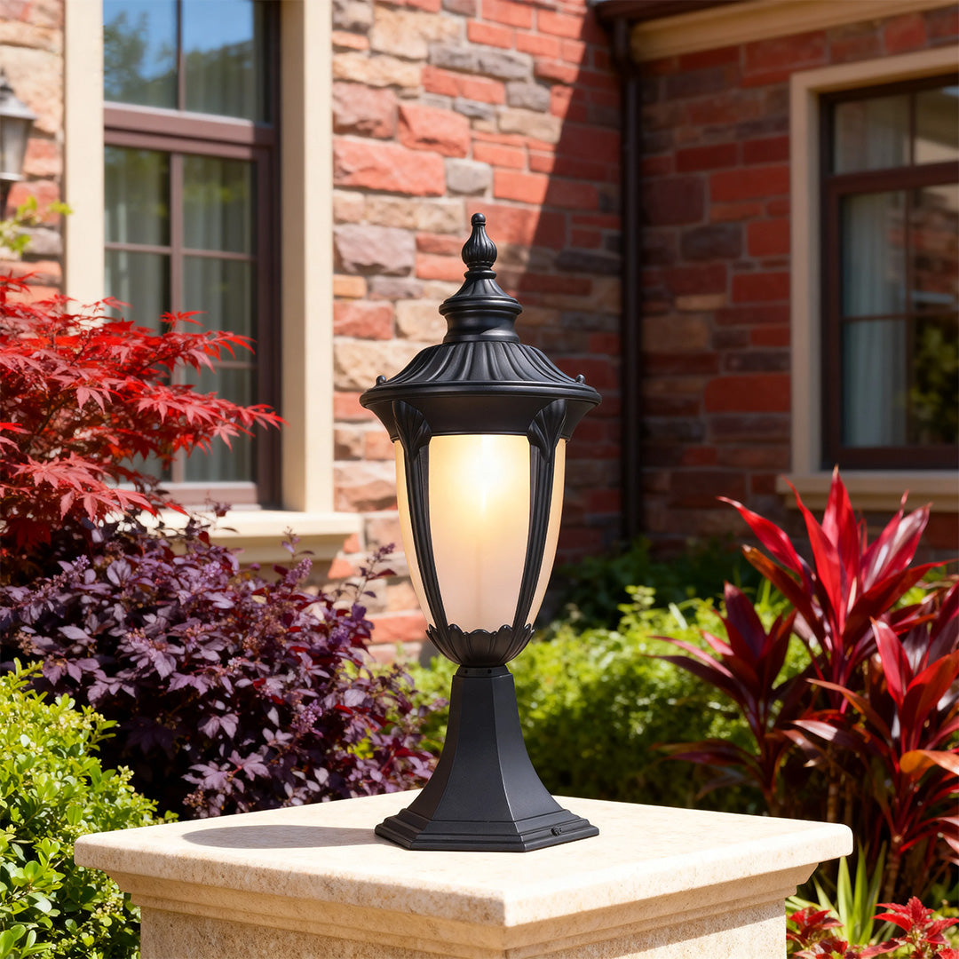 Exterior pillar light in a landscaped garden, elegant and functional outdoor lighting fixture