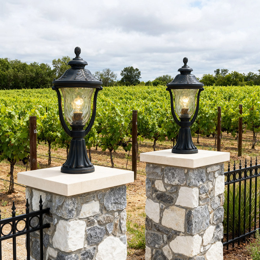 Modern pillar light in a landscaped garden, stylish and contemporary outdoor lighting