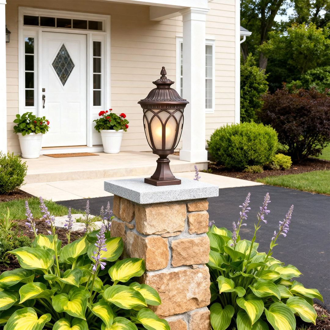 Garden pillar light in a landscaped garden, elegant and functional outdoor lighting