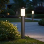 Bottom view of a lantern bollard light showing mounting base and vertical supports