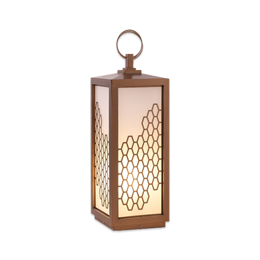 Contemporary bollard lighting lantern with perforated metal design and warm ambient illumination.