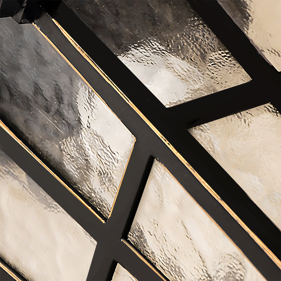 Architectural detail showing lantern mounting against textured ceiling surface