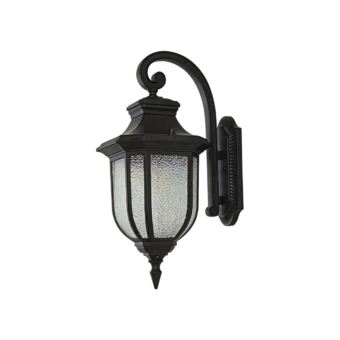Lantern outdoor wall lights with a black curved arm, seeded glass panels, and classic exterior styling.