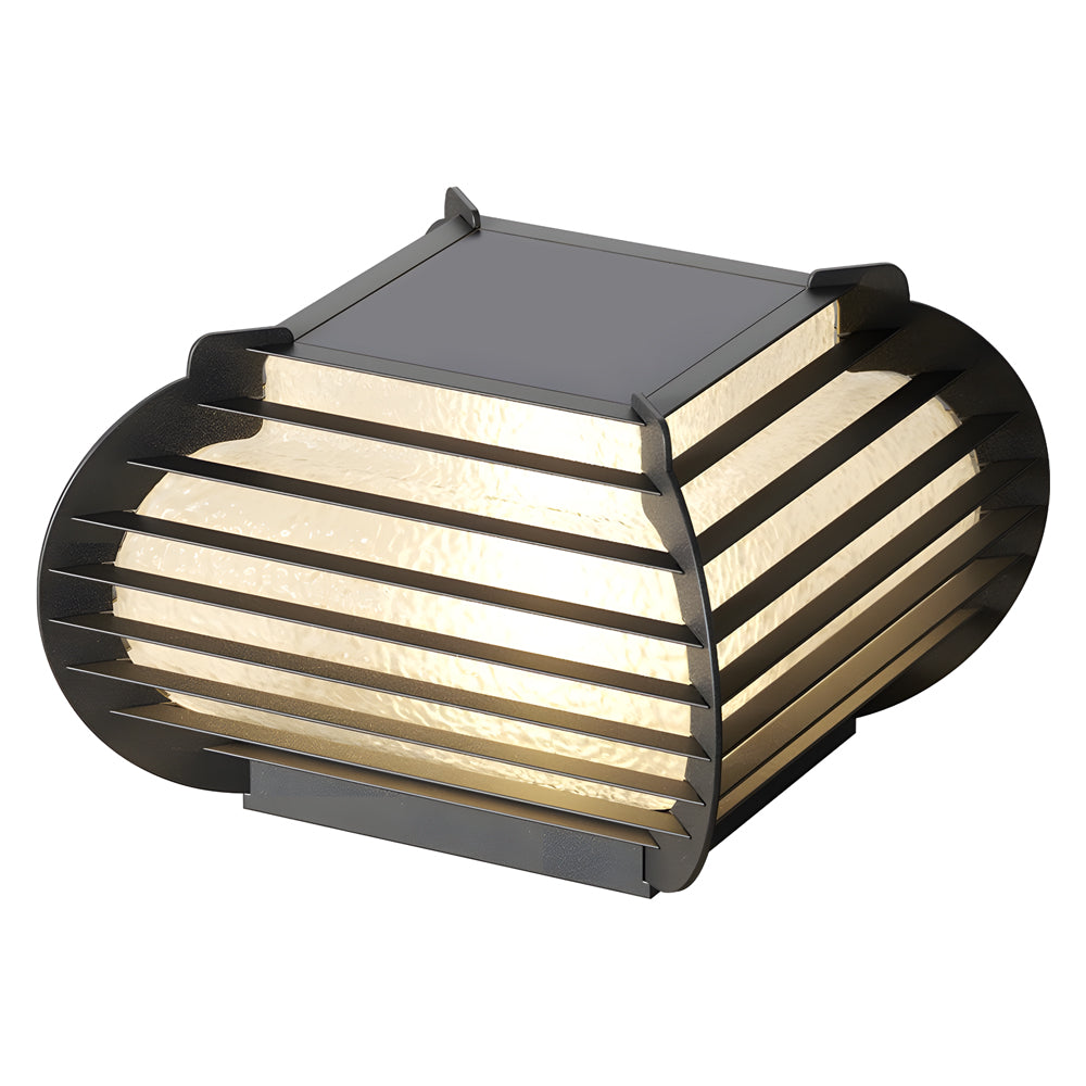 Lantern pillar lights product image on white background, emphasizing curved frame and horizontal light slats.