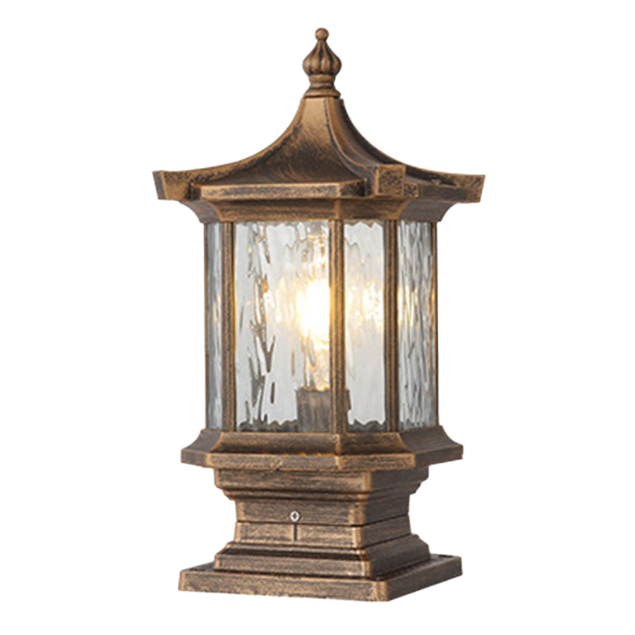 Lantern pillar lights with a decorative pattern, enhancing the aesthetic of outdoor spaces.