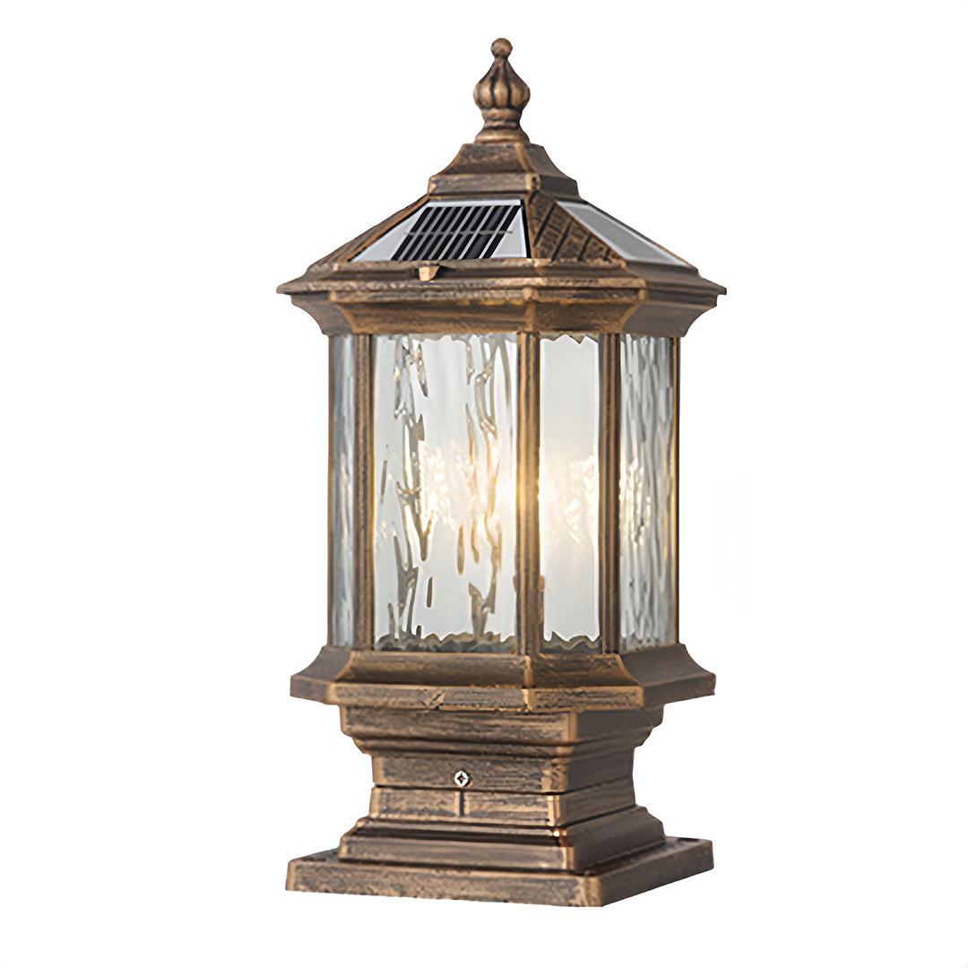 Lantern pillar lights with a detailed base, showcasing sturdy and elegant design.
