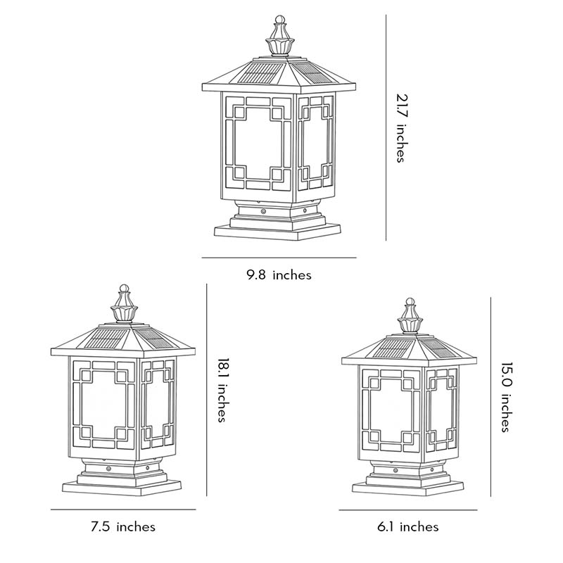 Lantern pillar lights dimension drawing showing height and width measurements for installation reference.