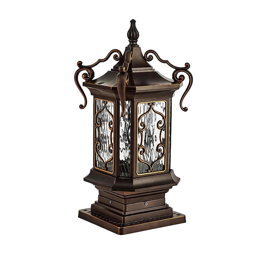 Lantern pillar lights isolated on a white background showing a compact bronze outdoor post lantern.