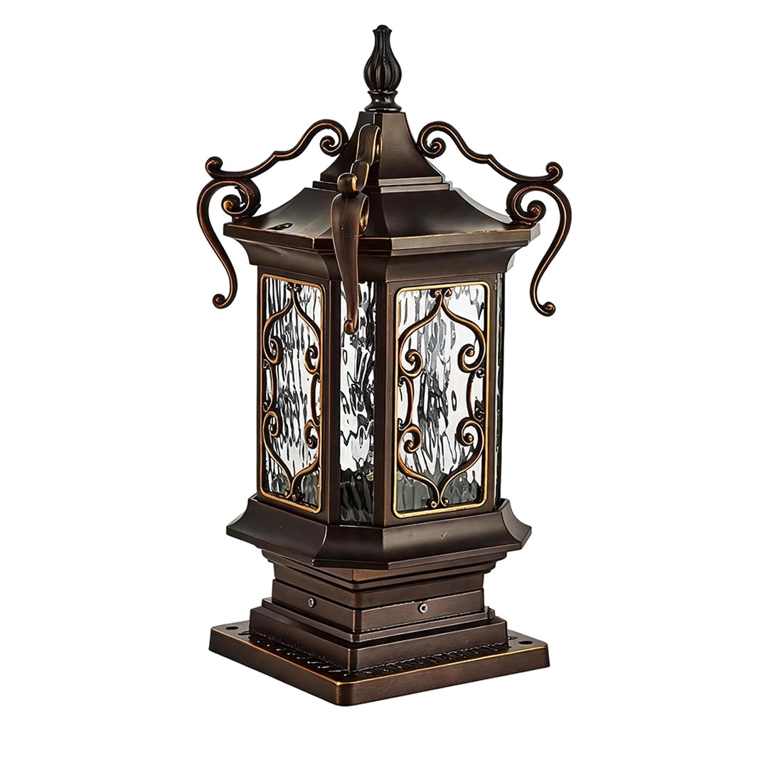 Lantern pillar lights isolated on a white background showing a taller bronze outdoor post lantern design.