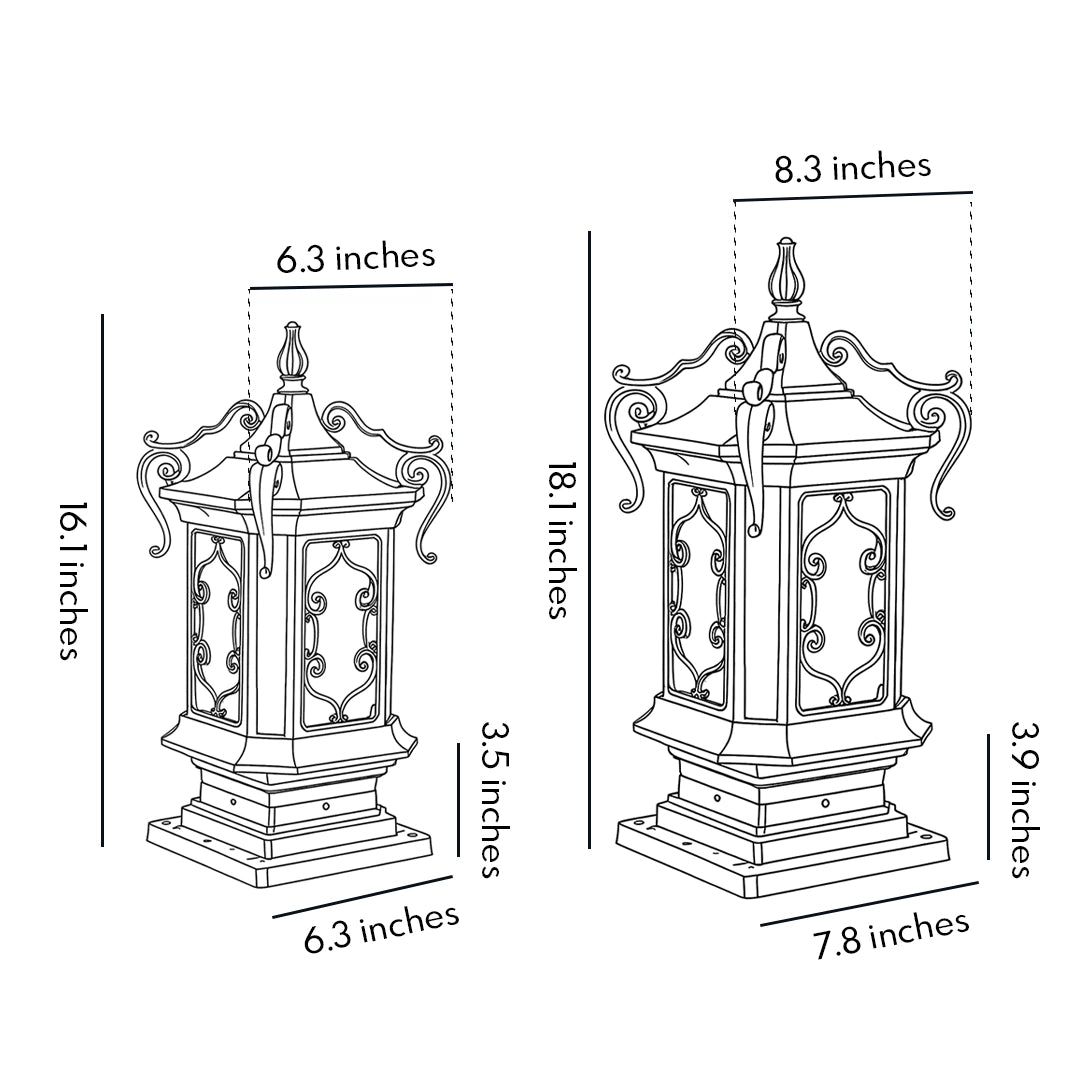 Lantern pillar lights dimension drawing showing two size options for an antique bronze outdoor post light.