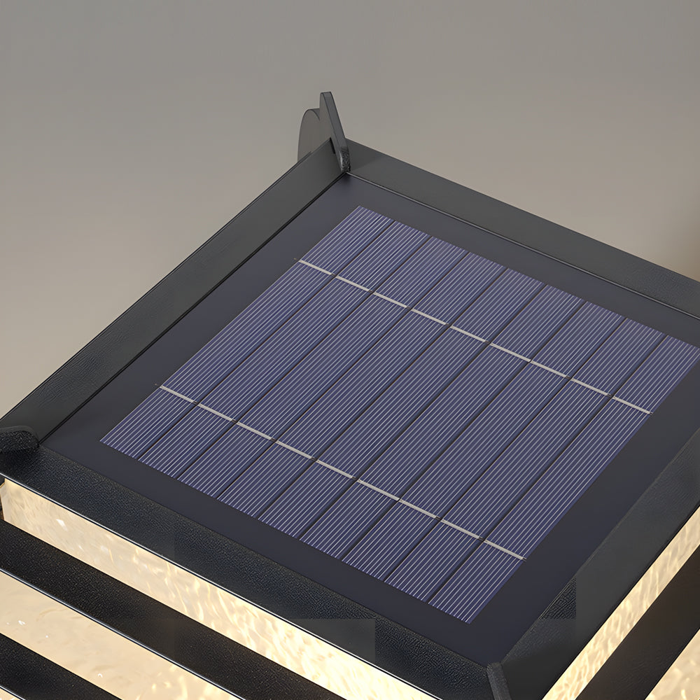 Top view of lantern pillar lights highlighting integrated solar panel for energy-efficient outdoor lighting.