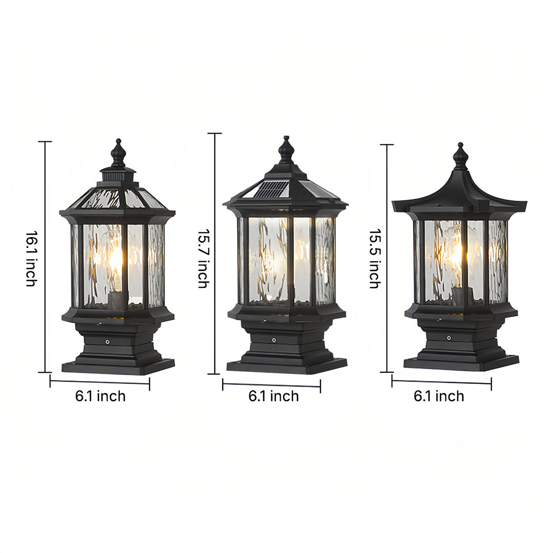 Lantern pillar lights in three sizes, providing flexible options for outdoor illumination.