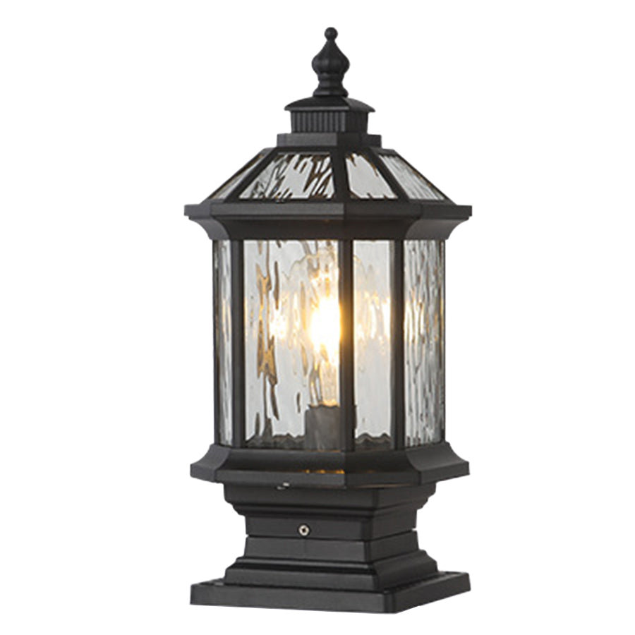Lantern pillar lights with a traditional design, providing timeless illumination for garden pathways.