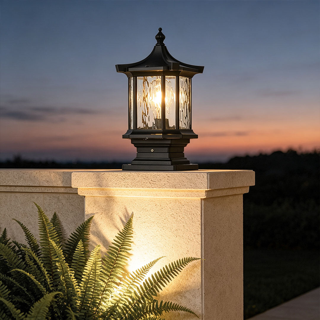 Lantern pillar lights outdoor classic solar LED post light delivers elegant, energy-efficient illumination for gardens, pathways, driveways, and outdoor spaces.