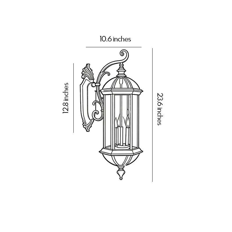 Lantern style outdoor wall light dimension drawing showing fixture height, width, and wall projection measurements.