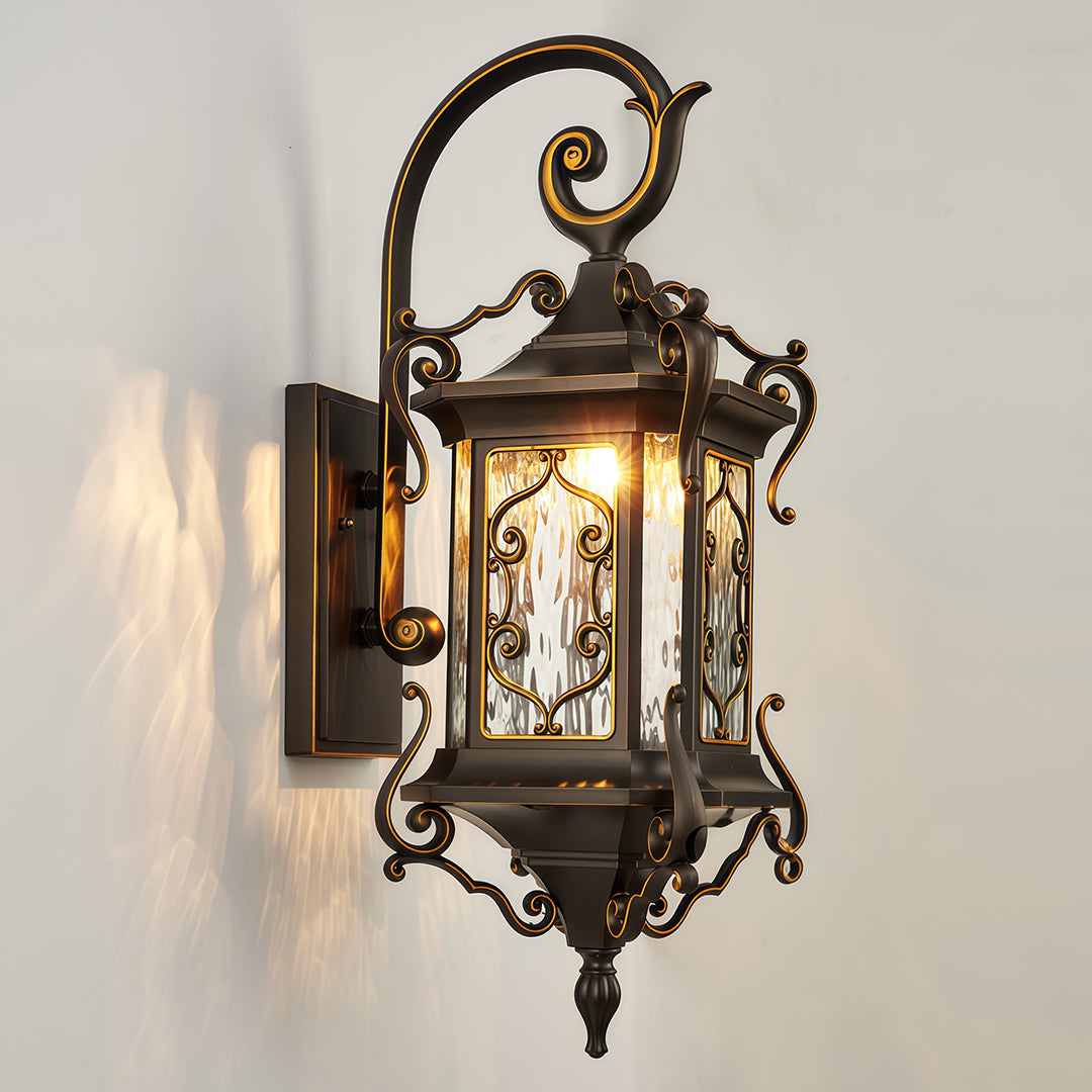 Single Outdoor Wall Sconce Light with vintage lantern-style design and frosted glass.