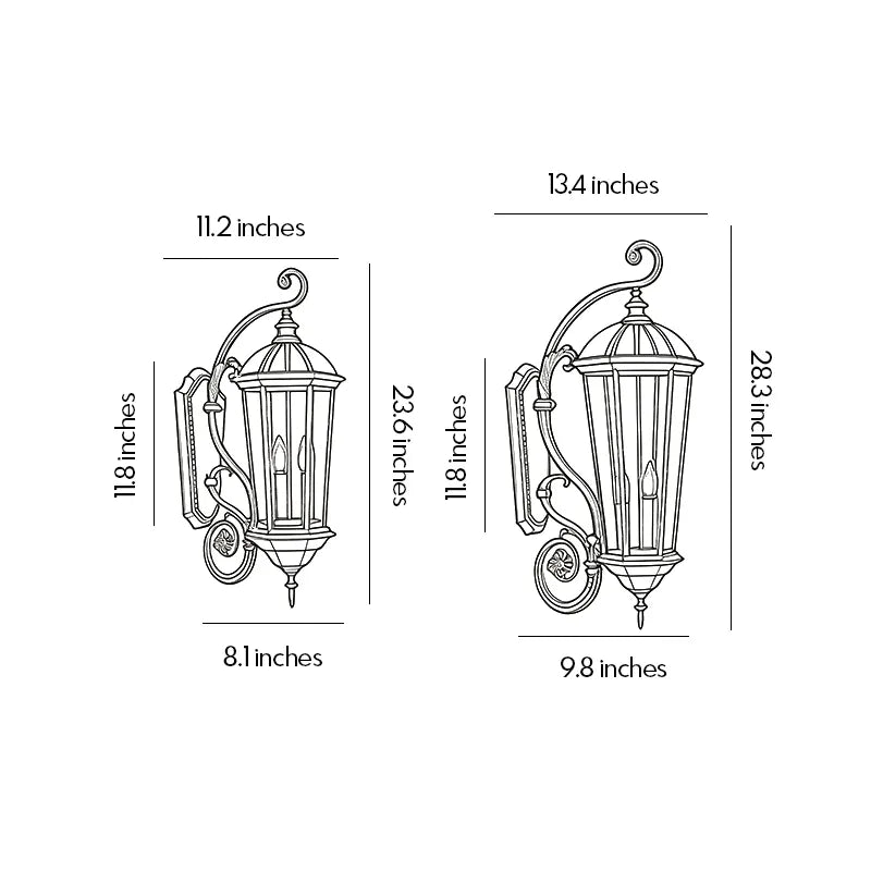 Lantern style wall sconce dimension drawing showing two size options and fixture measurements.