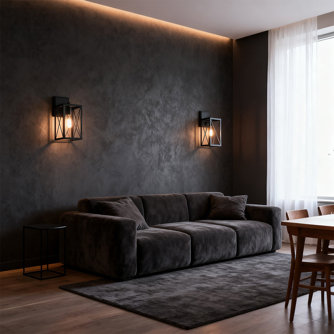 Lantern wall light in a cozy living room, enhancing the space with warm and inviting illumination.