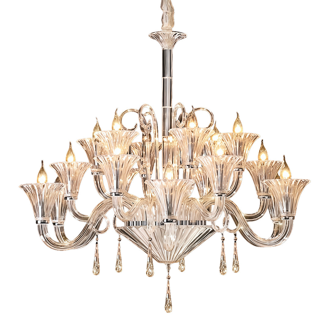 Large art glass chandelier in champagne tone with ten arms and ornate crystal detailing.