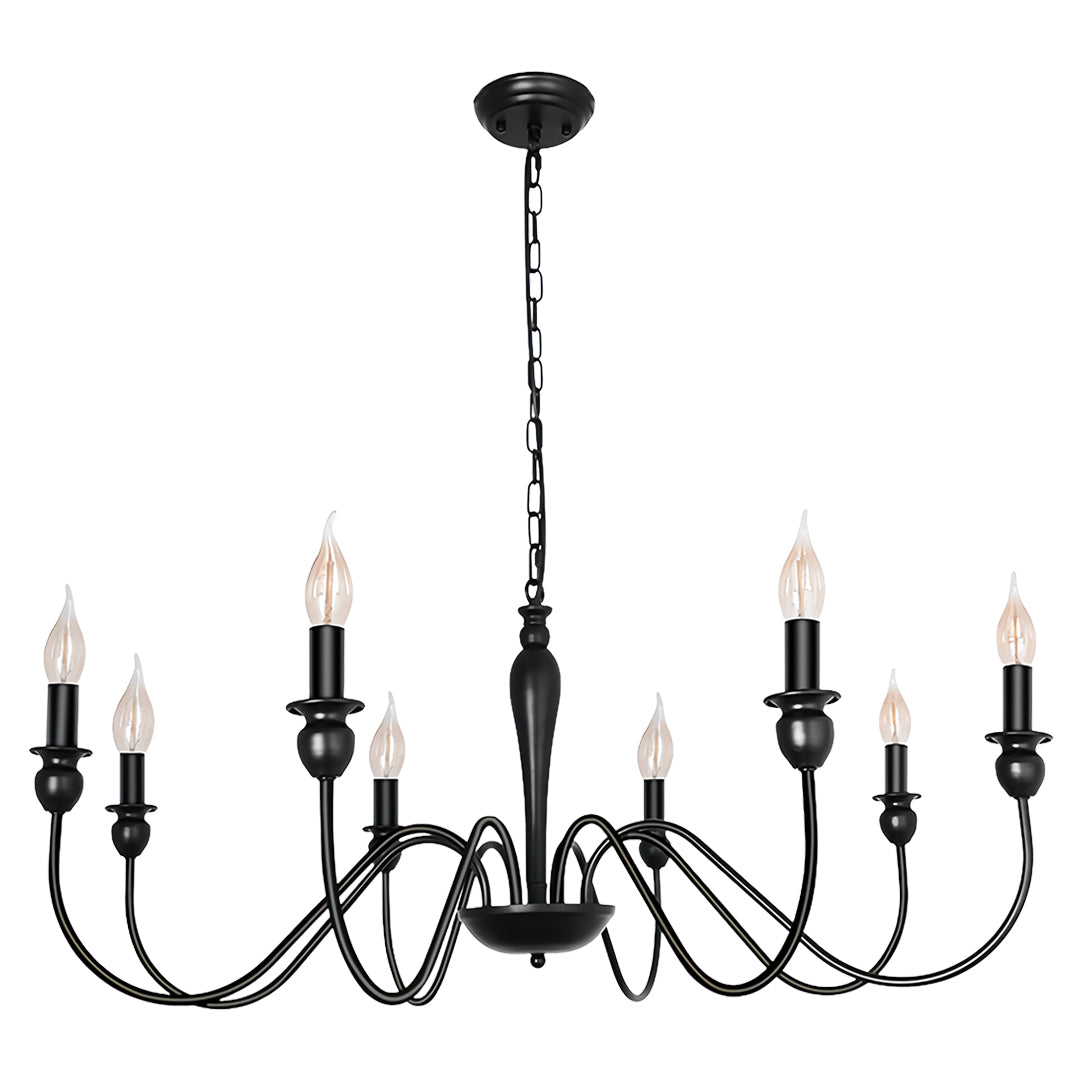 Large black candle chandelier with ornate branching arms creating dramatic focal point for formal spaces