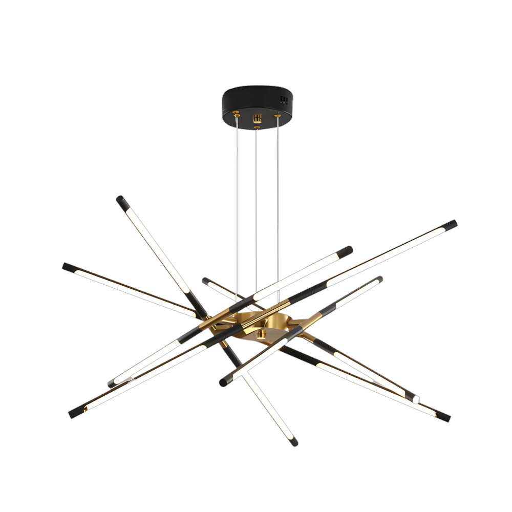 Large black Sputnik chandelier with multiple adjustable light arms and a layered starburst design shown on a white background.